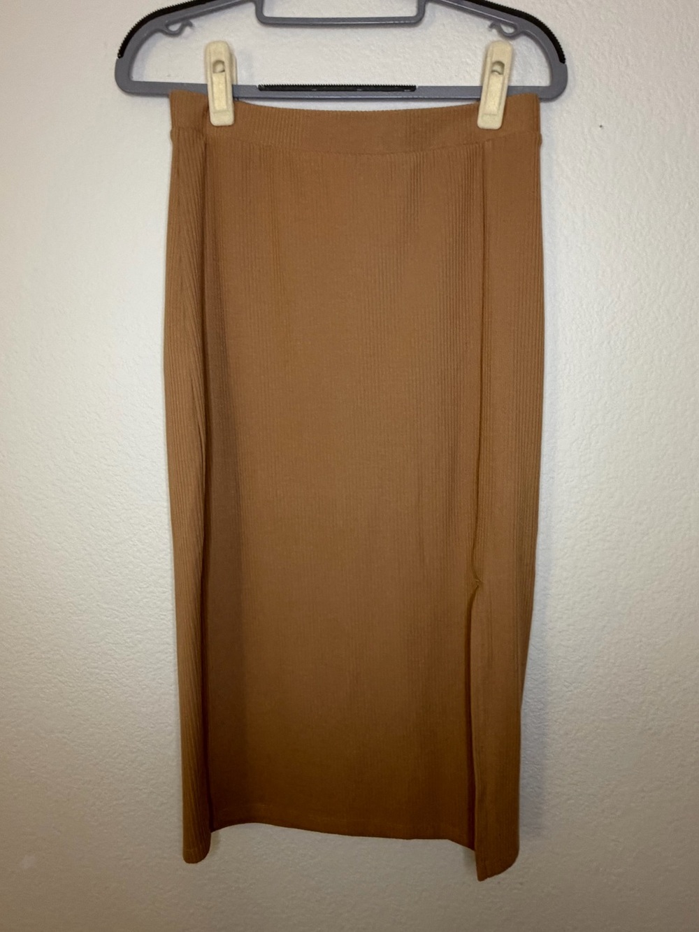 Never Worn The Drop Camel Brown Ribbed Midi Skirt Side Slit Size M